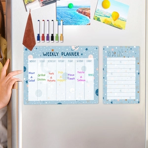 Magnetic weekly planner and to-do list set with six colorful markers on a silver fridge