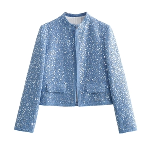 Light Blue Sequin Tweed Jacket Women Fashion Elegant Long Sleeve Short Coat Double Pockets Zipper Casual Outerwear