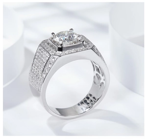 Detailed macro view of S925 sterling silver stamp on a wide men's luxury moissanite ring