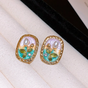 Vintage oval enamel earrings with tulip motif, pearls, and crystals in gold plating
