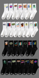 Detail showing 30 assorted crew socks with street graffiti and graphic patterns