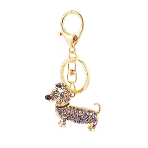 Porte-clés teckel en cristal scintillant et métal doré avec strass gris pour sacs