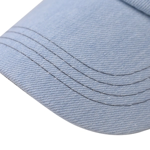 Close-up of light blue denim baseball cap brim featuring parallel stitching details