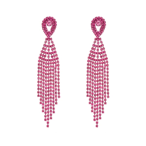 Elegant fuchsia rhinestone tassel earrings with water drop top on a white background