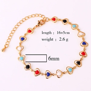 Detail of gold chain bracelet with colorful enamel hearts and measurement specs