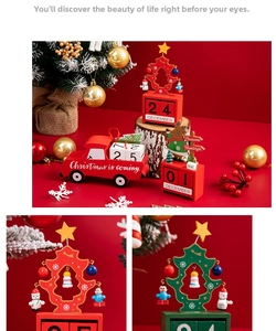 Dettaglio del calendario dell'Avvento in legno con decoro ad albero e omini di neve