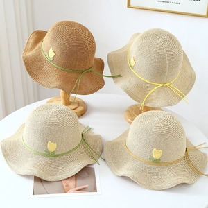 Women Straw Sun Hat UV Protection Wide Wavy Brim Tulip Embroidery Summer Beach Vacation Fresh Style