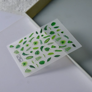 5D embossed tropical green leaf nail stickers featuring monstera and palm leaf designs