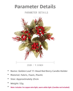Detailed view of Christmas candle ring with pine cones, red berries and gold leaves
