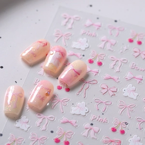 Pink bow and cherry nail stickers with 3D matte finish for DIY manicure art