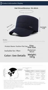 Size guide for men's winter flat top hat showing dimensions 56-60cm and fleece material