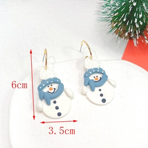 Detail view of handmade clay snowman earrings measuring 6cm by 3.5cm for Christmas
