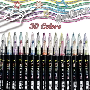 Detailed flat lay of 30 colors double line outline markers with glittery decorative patterns