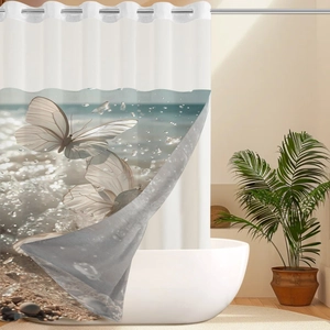 Detail view of reinforced metal grommets on a waterproof floral seaside shower curtain