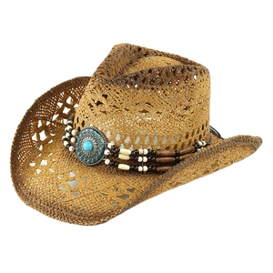 Brown hollow-weave straw cowboy hat with turquoise bead band decoration and wide brim