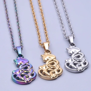 Three minimalist cat-shaped necklaces in rainbow, gold, and silver stainless steel finishes