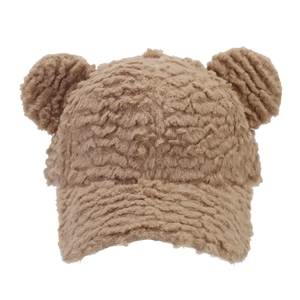 Brown sherpa fleece baseball cap with cute bear ears for winter outdoor warmth