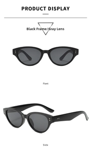 Front and side view of black cat eye sunglasses with silver metal rivets detail
