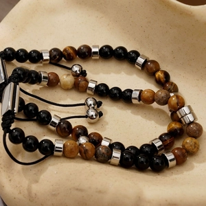 Adjustable men's beaded bracelet set with tiger eye, map stone and obsidian natural beads