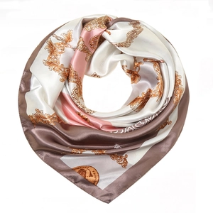 Baroque chain print silk-like satin square scarf for women in pink and white