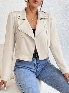 Veste De Moto En Similicuir Pour Femme Coupe Courte Ajustée Fermeture Éclair Diagonale Col À Revers Punk Streetwear
