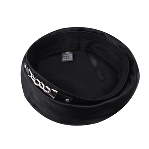 Fashionable black PU leather beret for women with silver metal chain and 100% polyester lining