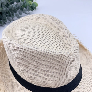 Detailed macro view of the woven straw texture and frayed edge on a beige trilby hat