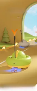 Close-up of smart interactive pet toy with food dispenser, LED lights and orange feather teaser