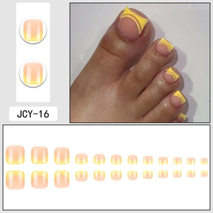 Yellow French gradient press-on toenails set with minimalist half-circle line art patterns