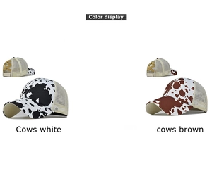 Detail of cow print baseball caps featuring mesh back and crisscross ponytail holder