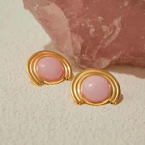 18K gold plated stainless steel ribbed earrings with round rose quartz stones
