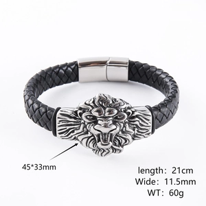 Men's braided black leather bracelet with silver lion head and magnetic clasp, 21cm long