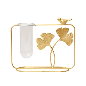 Golden Nordic metal frame ginkgo leaf vase with bird decor and glass hydroponic tube
