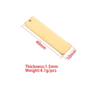 Polished gold stainless steel rectangular tag showing 40x10mm size and weight specs