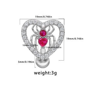 Detailed size chart for heart spider belly piercing with dimensions and weight specs