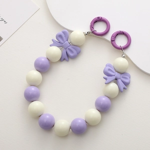 Chic 16mm purple and cream beaded phone strap with bows and dual metal buckles