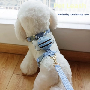 Light blue corduroy cat harness set with bee decor and adjustable gold D-ring buckle