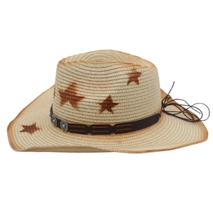 Detail of western straw hat featuring turquoise beads and star patterns on wide brim