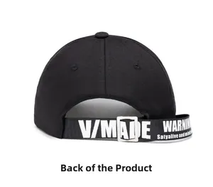 Adjustable strap detail of a black baseball cap with white V/MADE text on the back