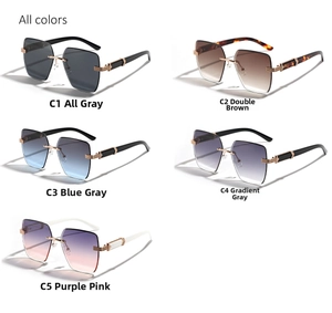 Detailed grid of diamond-cut rimless sunglasses in five assorted gradient colors
