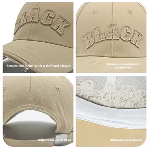 Detail view of khaki baseball cap featuring BLACK embroidery and adjustable metal buckle