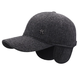 Men's wool baseball cap with ear flaps for winter warmth in dark grey textured wool