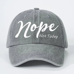 Gray washed denim baseball cap featuring Nope Not Today slogan print and adjustable strap