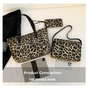 Three-piece leopard print bag set with large tote, crossbody and small clutch bags