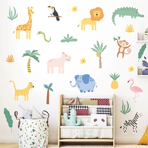 Cartoon animal wall stickers set featuring lion, giraffe, and elephant for nursery decor