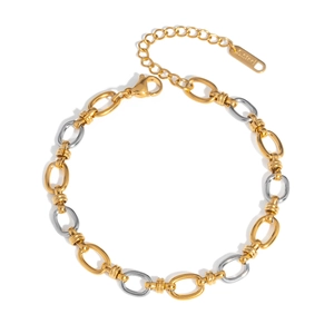 Détail d'un bracelet à maillons en acier inoxydable bicolore avec anneaux or et argent