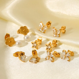 Chic gold-plated stainless steel earrings set with butterfly, star and zircon accents