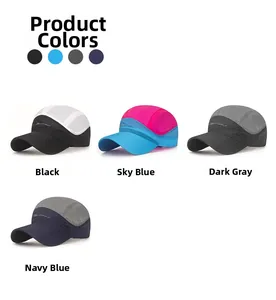 Detail view of quick-dry sports caps in black, sky blue, dark grey, and navy blue