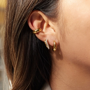 Twisted Wave Hoop Earrings Stainless Steel Rhinestone C-Shaped Double Layer Gold Waterproof Hypoallergenic Jewelry
