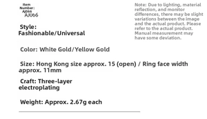 Specifications of rotatable anxiety ring showing material size weight and plating process